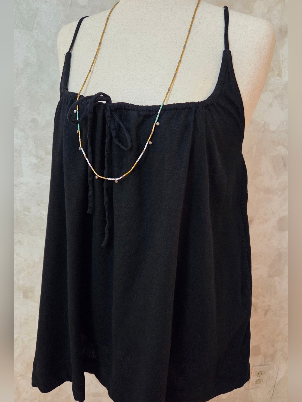 Free People Black Linen Mini Dress Tunic XS Boho Tie Strap Flowy Beach Cover Up